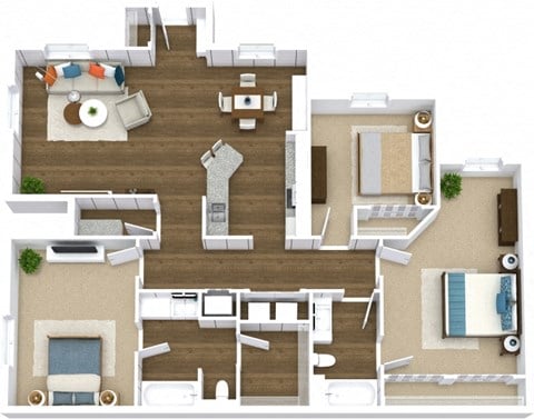 Floor plan for 3 beds, 2 baths, 1301 sqft